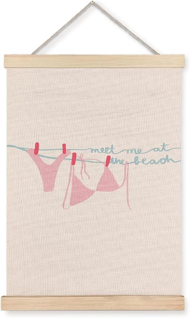 LUVADIAN Pink Preppy Coquette Wall Decor, Trendy Coastal Beach Pink Bikini Girly Wall Art Posters With Wooden Poster Hanger, Beachy Room Aesthetic, Girly Room Decor, Coastal Wall Decor, 16x24 Inch