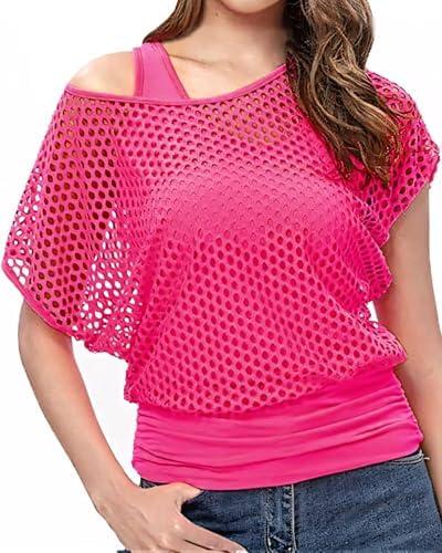 WILDPARTY Women's Casual Sexy Off Shoulder T-Shirt 80s 90s Outfit 80's Costume Fishnet Neon Shirt Summer Short Sleeve 3 XL