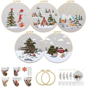 5 Sets Christmas Embroidery Kit for Beginners Adults, Embroidery Starter Kit Xmas Snow Patterns, Winter Embroidery Kit Cross Stitch Kits Includes Instruction Embroidery Hoops Color Threads Needles
