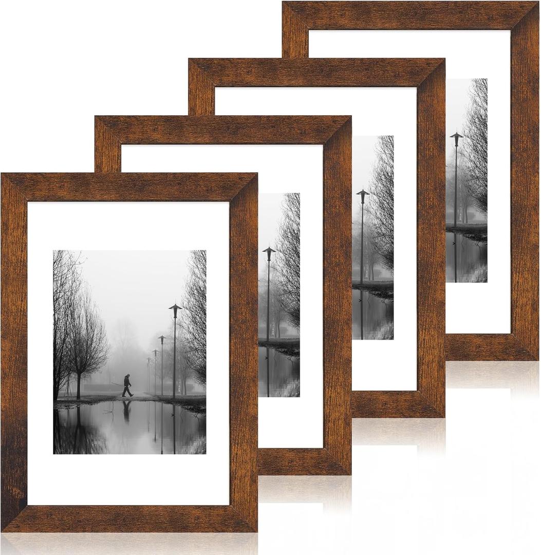 iRahmen 8x12 Picture Frame Set of 4 with High Definition Real Glass, Display 6x8 Pictures with Mat or 8 x 12 Without Mat, Wood Rustic Photo Frames for Tabletop and Wall Mounting (Dark Brown)
