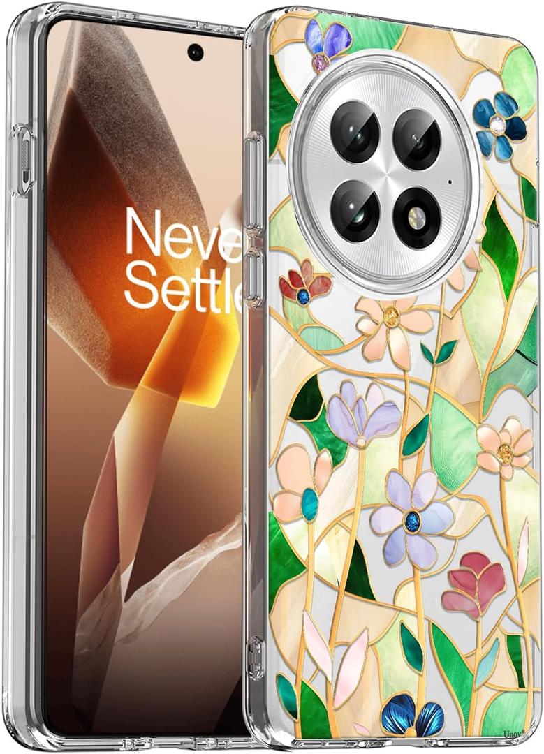 Unov Case Compatible with OnePlus 13 5G Clear with Strained Glass Floral Flower Bouquet Girly Design Soft TPU Shock Absorption Slim Embossed Pattern Protective Back Cover Case