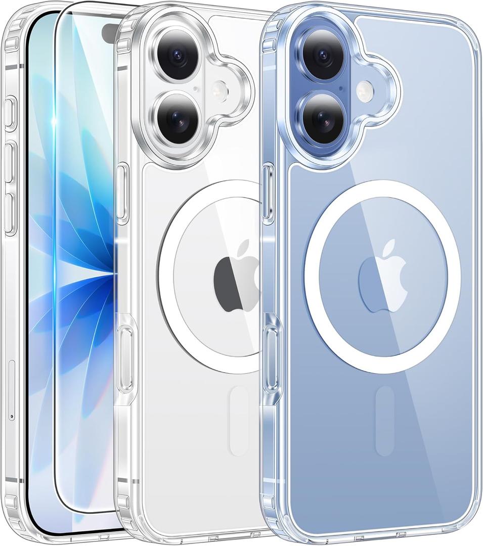 FNTCASE for iPhone 17 Case Clear: Magnetic Phone Cases with Screen Protector Drop Proof Compatible with Magsafe Slim Anti Yellowing Rugged Shockproof Protective Transparent Cell Cover (A-Clear)