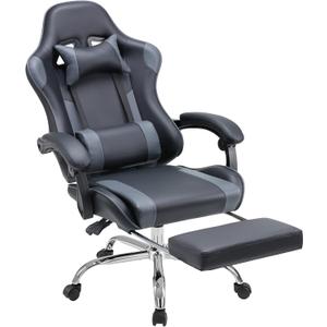 DUMOS Gaming Office Desk Chair with Footrest and Headrest for Adults, PU Leather Ergonomic Video Computer Chair with Linkage Armrests, Height Adjustable 360 Swivel Recling Chair, New Grey