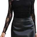 Womens Sexy Mesh Long Sleeve Shirts Fashion Clothing Turtle Necks Sheer Ruched Going Out Tops Fall Outfits Slim Fit Blouses (Small, Lace Black One)