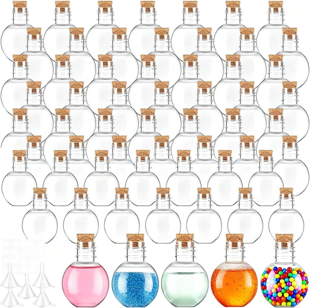 Bokon 36 Pack Mini Plastic Bottles with Corks Funnels Plastic Potion Bottles Tiny Clear Sand Art Jar Wishing Vial Witch Potion Jars for Decorations Birthday Party DIY Crafts Gift(Spherical)