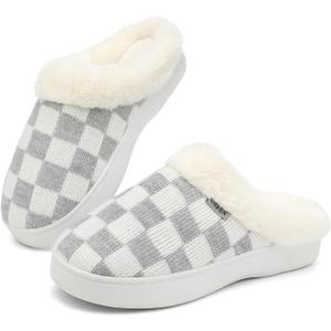 UBFEN Womens Slippers Classic Plaid Winter Warm with Memory Foam Fluffy House Shoes Platform Indoor Bedroom (7-8, B-white Grey)