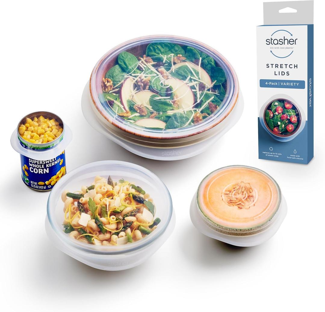 Stasher Premium Reusable Silicone Stretch Lids, Clear, 4pk of 9, 6.5, 4.5, and 2.5 Lids, Airtight Seal, Food Container Covers, BPA Free, Leak-Free, Dishwasher Safe, Microwave Safe, Eco-Friendly