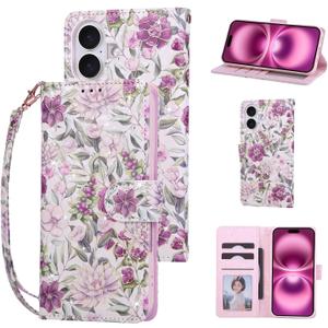 UEEBAI Wallet Case for iPhone 16, PU Leather Phone Cover Kickstand RFID Blocking Flip Case Card Slots Wrist Strap Relief Engraved Pattern Magnetic Closure Flower Folio Wallet, Violet