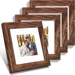Hongkee 6x6 Picture Frame Set of 4, Made of Glass and Rustic Brown Wooden Frame - Display Picture 4x4 with Mat or 6 x 6 Without Mat, 6x6 Photo for Wall or Tabletop