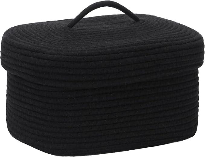 Sea Team Oval Cotton Rope Storage Basket with Lid, Lidded Woven Storage Bin, Nursery Storage Container, Diaper Caddy, Baby Shower Basket, Box, Organizer, 15 x 11 x 6.5 Inches (Medium, Black)