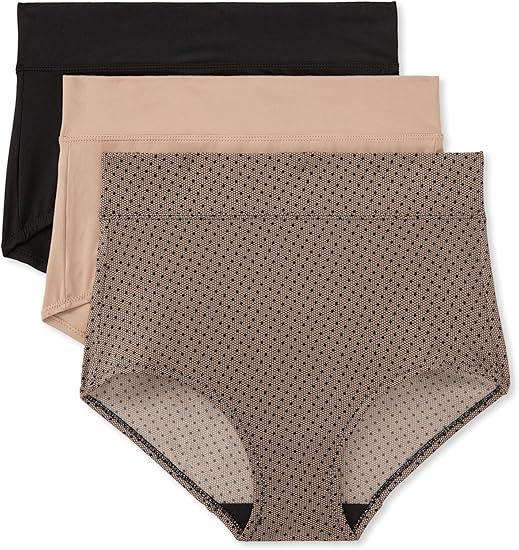 Warner's Women's Blissful Benefits Dig-Free Microfiber Brief 3-Pack , Black LACE DOT/Black/Toasted Almond, XL .