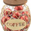 Coffee Pod Holder Compatible with 60 Nespresso Original Line Pods for Coffee Station Corner Organizer K-Cup Vertuo Capsules Wire Metal Basket With Wooden Lid Crystal Handle Golden Color