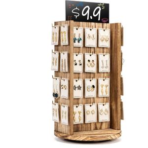 Pinzoveco Rotating Earring Display Stands for Selling with Adversitsing Board, Real Wood Jewelry Display Stand for Vendors, Large Capacity Earring Cards for Selling Rack Holder (Carbonized Brown)