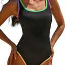 popvil One Piece Swimsuit Tummy Control Womens Bathing Suits Modest Curvy Neon Sexy Sport Swimwear (Large, Black)