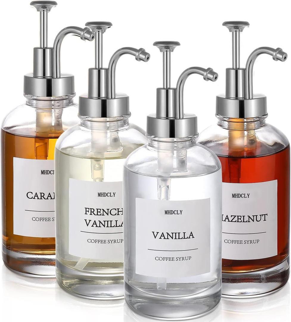 Coffee Bar Accessories,MHDCLY Coffee Syrup Dispenser - 4pack,16.9oz Syrup Dispenser with Labels Syrup Pump Dispenser for Coffee Bar(Silver pump)