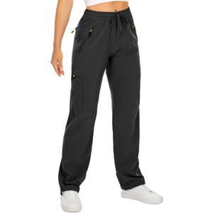 Womens Hiking Pants Quick Dry UPF 50 Lightweight Travel Golf Cargo Safari Pants Zipper Pockets (Large Petite, Black)