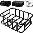 Bike Basket Rear, Large Bicycle Basket with Cargo Net, Liner and Waterproof Cover for Electirc Bike, Ebike and Bikes, Large Capacity Wire Bakset