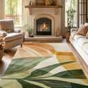 Boho Tropical Leaves Washable Living Room Area Rug, Low Profile Abstract Pattern, Non-Slip Backing Carpet for Kitchen, Bedroom, Dining Room (7'1" x 5' (Rectangular))