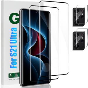 [2+2 Pack] Galaxy S21 Ultra Screen Protector and Camera Lens Protector, Fingerprint Unlock, HD Clear 9H Hardness Scratch Resistant, 3D Full Coverage Tempered Glass, For Galaxy S21 Ultra (6.8 Inch)