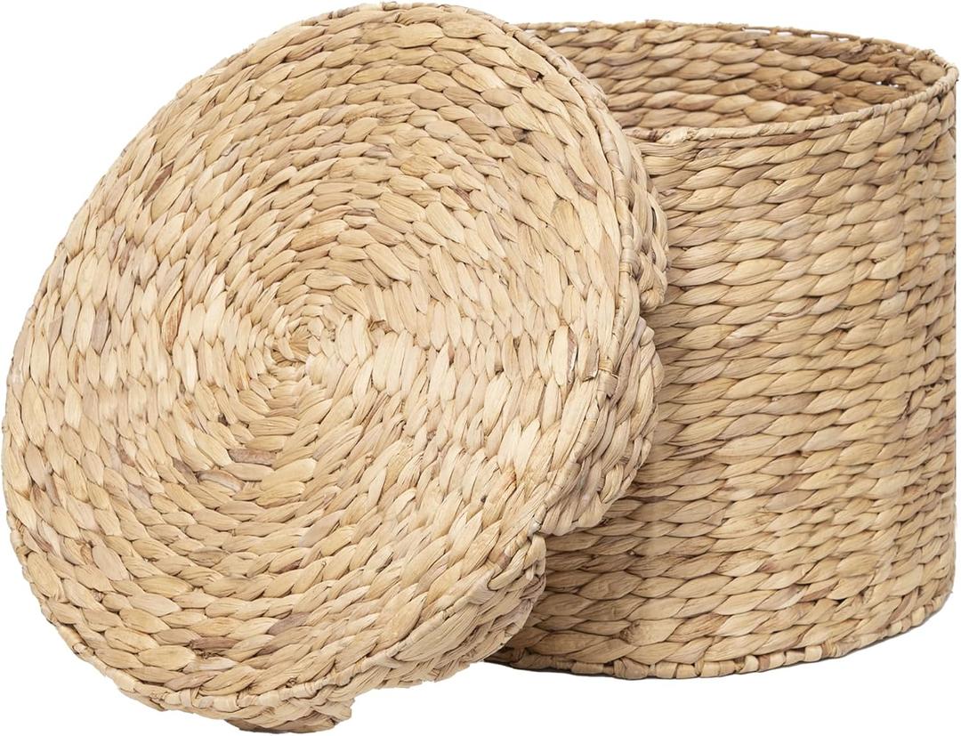 Round Wicker Laundry Hamper with Lid, Natural Water Hyacinth Woven scalloped basket, Space-Saving for Dirty Clothes - Bedroom & Bathroom (Large)