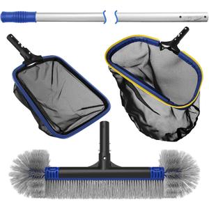Poolvio 5-in-1 Pool Cleaning Kit - Includes Semi-Deep Skimmer Net, Aluminum Leaf Rake, 20' Pool Brush with 13ft Adjustable Pole