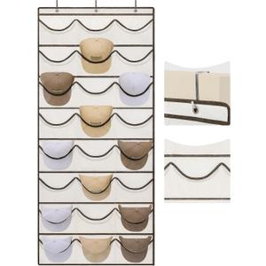 LoforHoney Home Hat Organizer for Baseball Caps with 24 Clear Pockets, Over The Door Hat Rack for Closet Wall to Display, Hanging Storage Cap Holder with 3 Hooks, Beige (Beige)