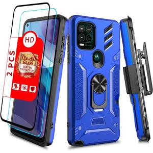 Shockproof Military Grade Drop Tested Phone Case with Ring Holster Belt Clip Card Holder Screen Protector Fits for Moto G Stylus 5G 6.8" (Blue)
