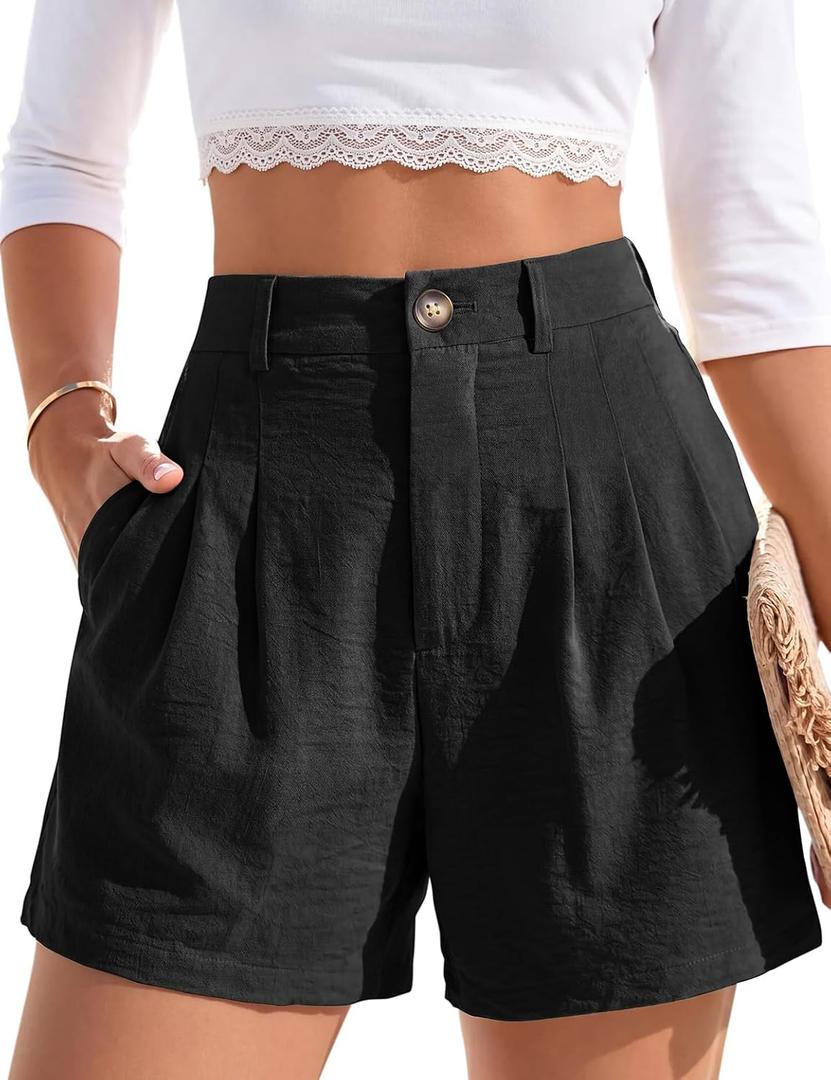 Women's High Waisted Pleated Casual Shorts with Pockets (S)