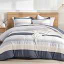 Litanika Comforter Set Queen Size Blue Yellow - 3 Pieces Lightweight Blue Yellow White Colorblock Stripe Fluffy Bedding Comforter Sets, All Season Bed Set