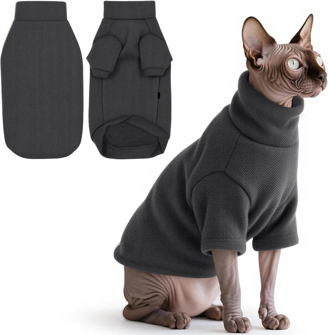Idepet Sphynx Cat Warm Turtleneck Sweater Hairless Cats Shirt Pullover Kitten T-Shirts Thick Soft Fleece Clothes Cute Outfit Coat Pajamas for Cats and Puppy (Dark Gray, X-Small)