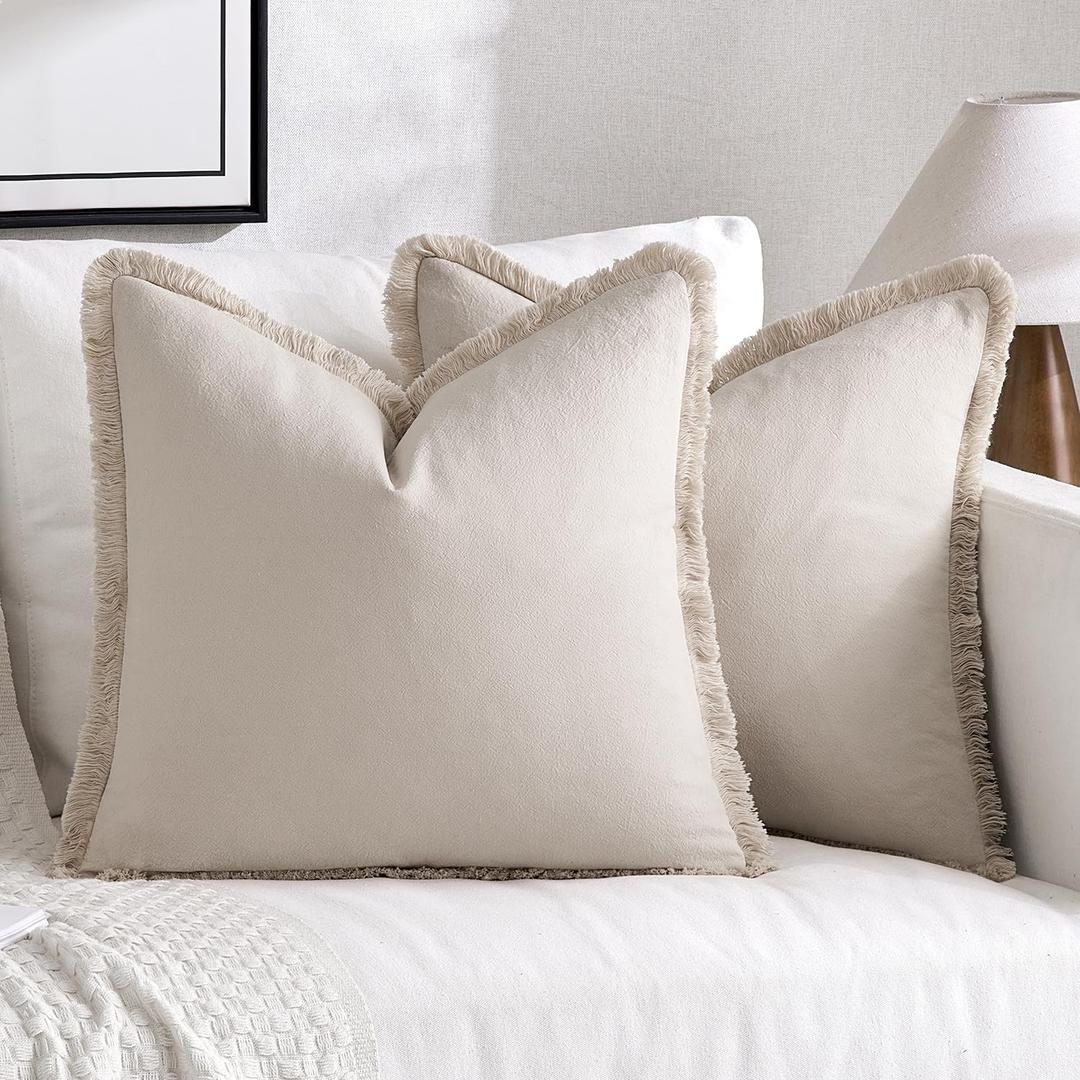 MIULEE Throw Pillow Covers Boho Farmhouse 20x20 Set of 2 Decorative Neutral Couch with Fringe Chic Cotton Pillowcases Home Decor Accents for Cushion Soft Bed Living Room
