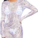 HUUSA Women's Sheer Cover Up Dress Sexy Swimwear Mesh Bikini Long Sleeve See Through Resort Wear 2025 Trendy (XL)