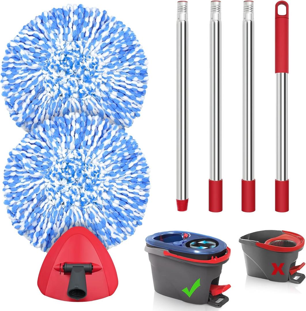 JEHONN Spin Mop Replacement Heads, Base, Handle for OCedar EasyWring 1 Tank System, Includes 2 Microfiber Refills, 1 Triangle Cover and 58 inches Long Pole for Cleaning Bathroom Kitchen Tile Floor