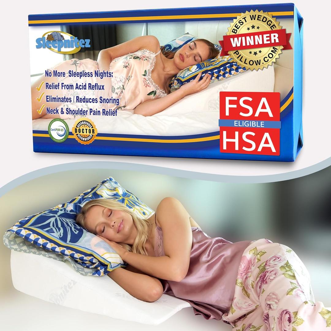 top layer for side sleeping, GERD, snoring and elevation: Tencel cover with U-shaped easy-off/on zip Sleepnitez FSA Eligible 8" Bed Wedge Pillow for Acid Reflux, Sleep Apnea | 3.25" soft memory foam