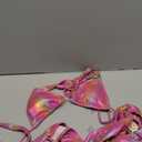 Womens Sexy Triangle Metallic Bikini Set, Crystal Rhinestone Headband Halter Swimsuit, Cheeky Tie Ruched Bathing Suit (Small, Iridescent Pink)