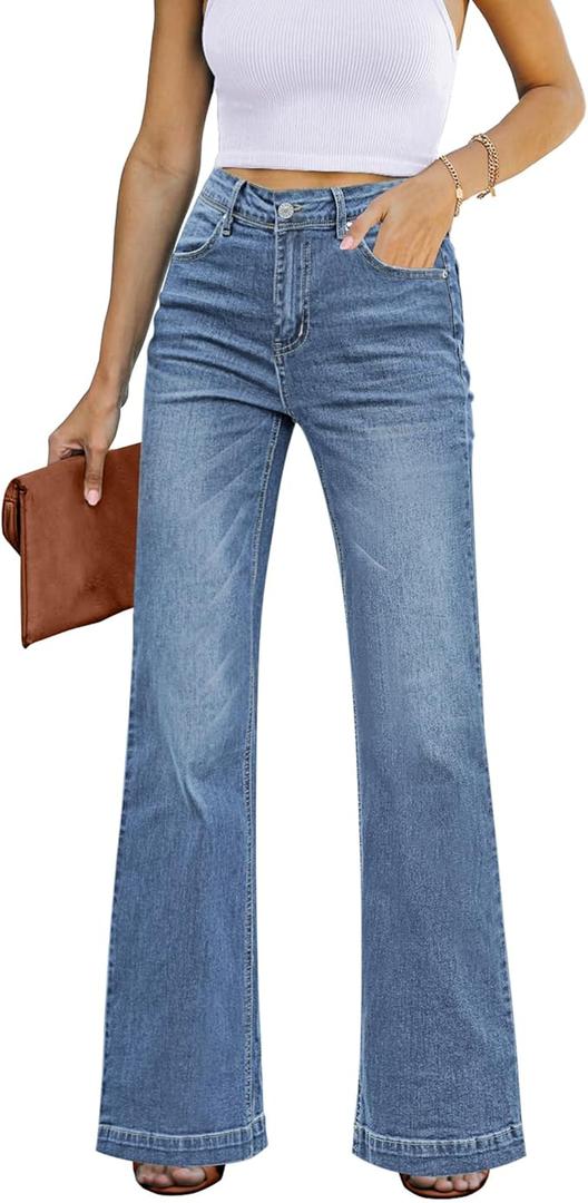 Womens Flare Jeans High Waisted Wide Leg Baggy Jean for Women Stretch Denim Pants, Large 
