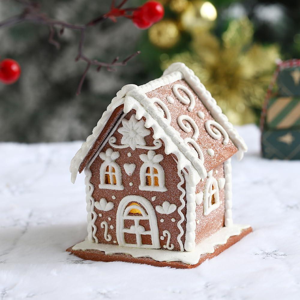 Gingerbread House Christmas Decorations - 1PC Clay Dough Cookie and White Color House with Led Light Ornaments for Tabletop Holiday Party Home Decoration