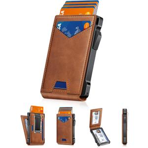 Wallet for Men RFID Wallet with 2 ID Windows & Money Clip, Slim Pop Up Card Holder for 10-12 Cards, Bifold Minimalist Smart Wallet for Front Pocket, Compact Metal Credit Card Holder, Gifts for Men (Brown)