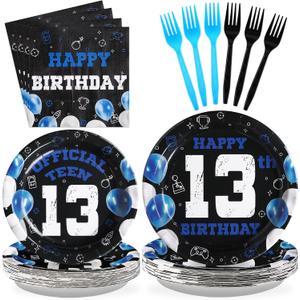 Grencian 96Pcs 13th Birthday Decorations for Boys Blue Black 13th Birthday Party Plates Disposable Official Teen 13 Tableware for Teen Boys Girls Happy 13 Year Old Party, Serves 24