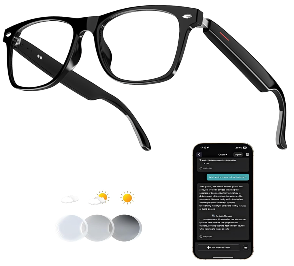 MNVOEQ Smart Translation Glasses, AI Bluetooth Audio Eyewear with RealTime Translator for 140+ Languages, OpenEar Speakers & Mic for Business, Travel and Driving, Unisex, Black