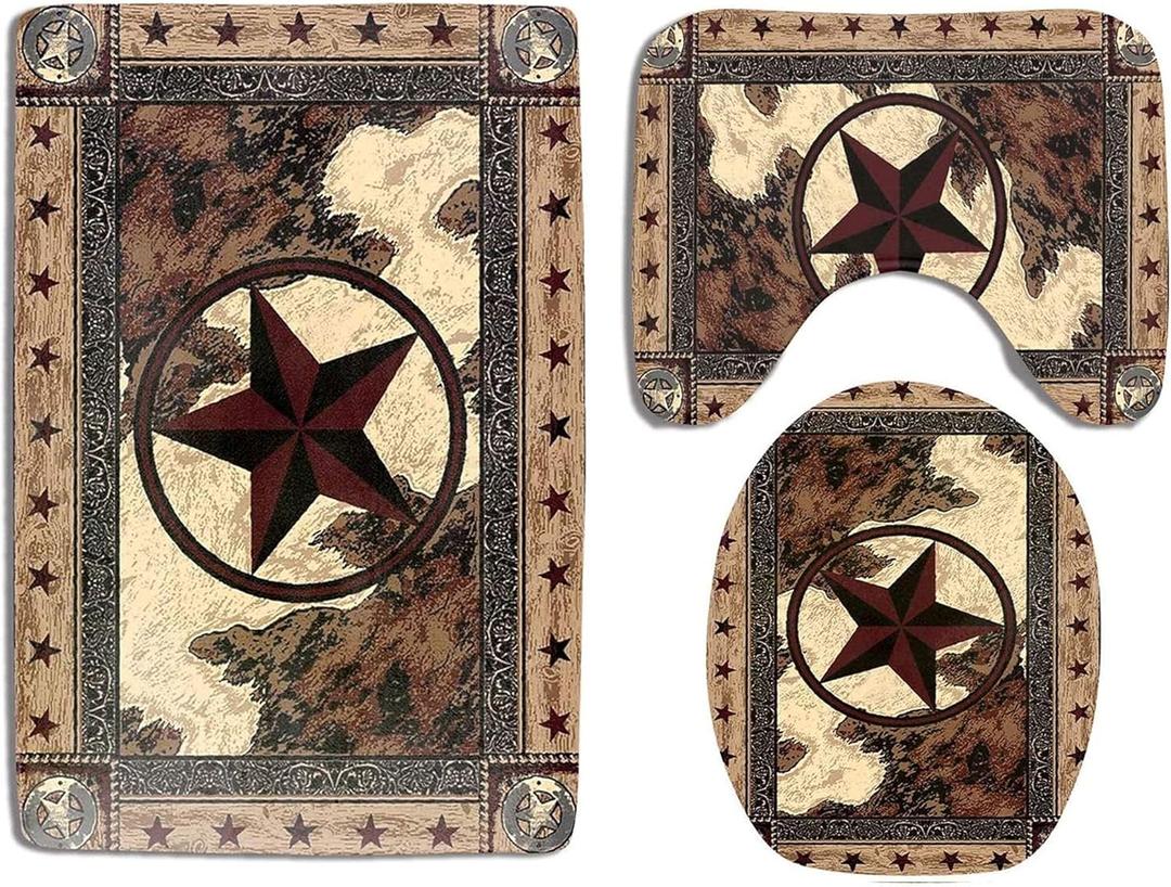 Western Texas Bath Rug Set 3 Piece Bathroom Contour Rugs Combo, Soft Bath Shower Mat and U-Shaped Toilet Floor Rug