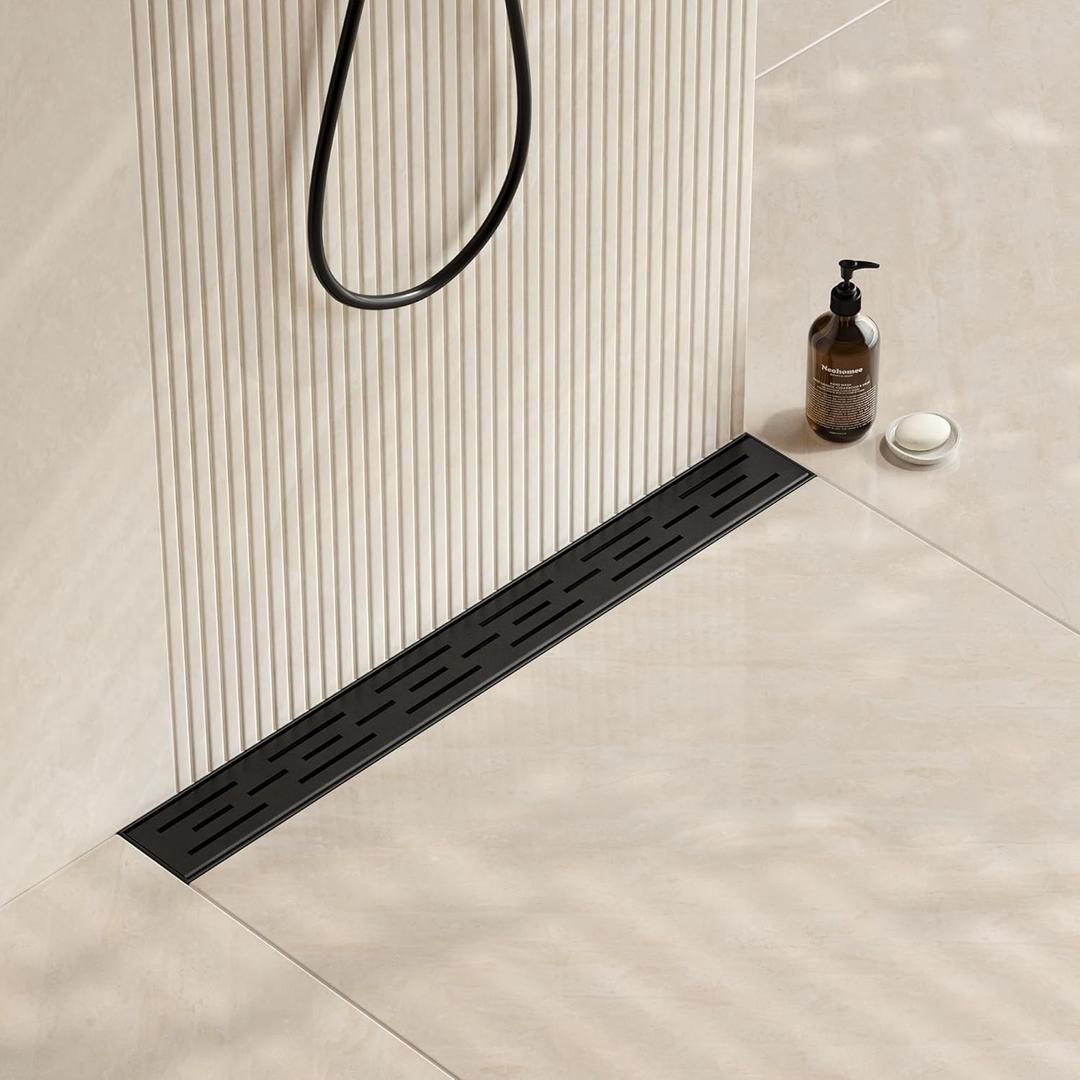 Neodrain 32 in Matte Black Linear Shower Drain, Rectangular Linear Shower Drain with Brick Pattern Grate, Brushed 304 Stainless Steel Bathroom Floor Drain