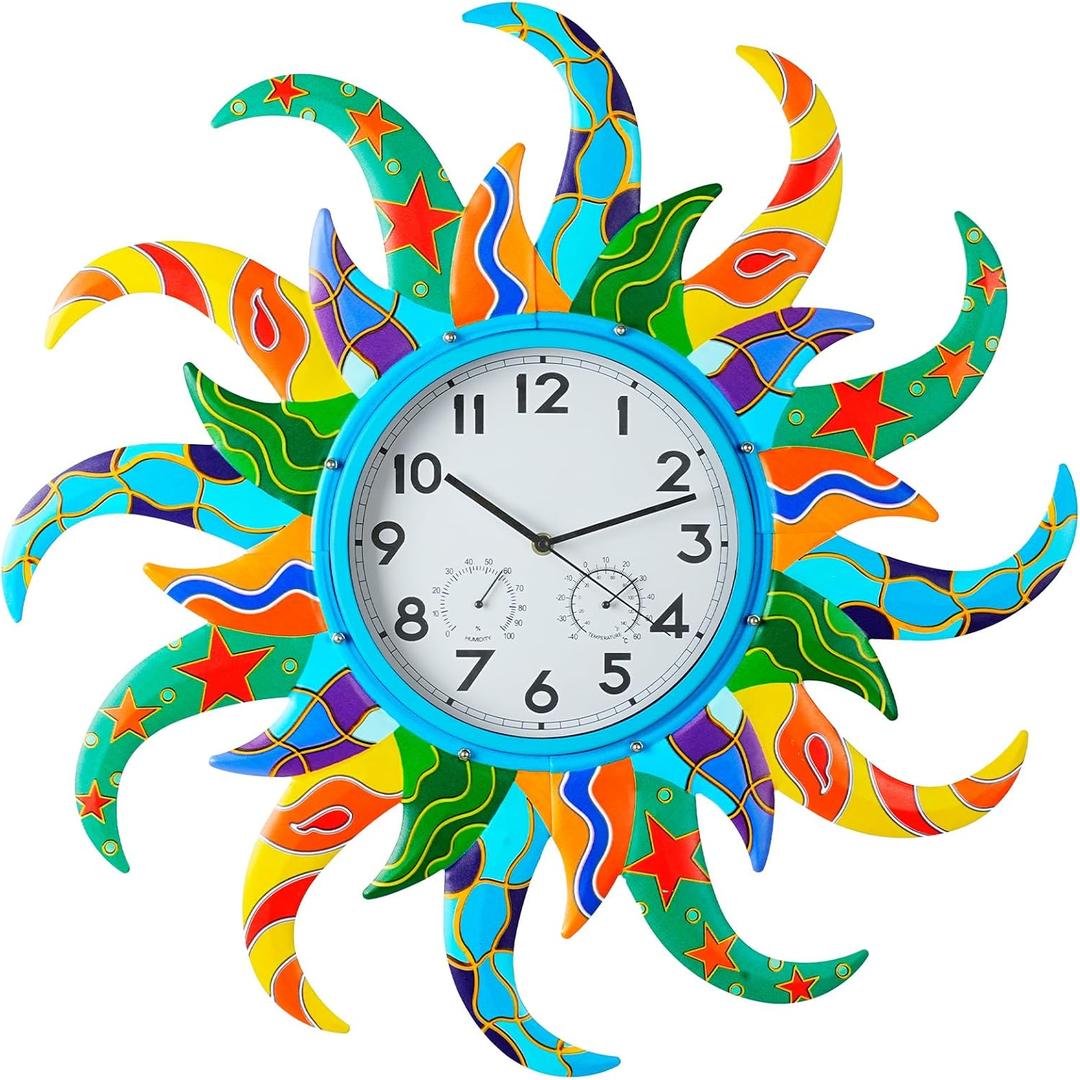 Large Blue Sun Outdoor Clock with Thermometer and Hygrometer Combo, Silent No-Ticking Outdoor Wall Clock, Waterproof Quartz Clock for Patio, Living Room, Kitchen, Garden, 25 Inch