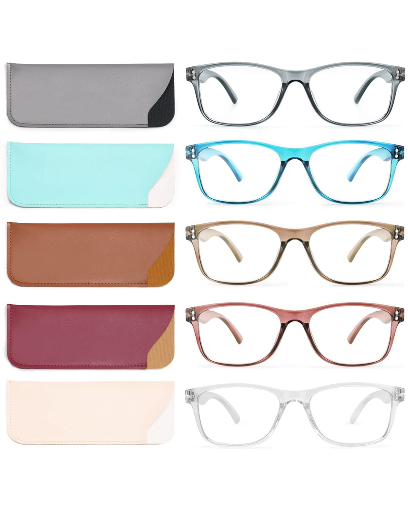 Reading Glasses Blue Light Blocking, Computer Glasses for Women Men, Fashion Square Eyeglasses 5 Pairs, +2.0