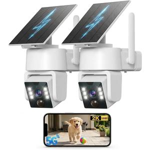 2 x 5G & 2.4G Wi-Fi Outdoor Camera Wireless,Solar Security Cameras Wireless Outdoor, 2K 360° PTZ Camera, Solar/Battery Powered, PIR Human Detection, Color Night Vision,Two-Way Voice Calling, Alexa
