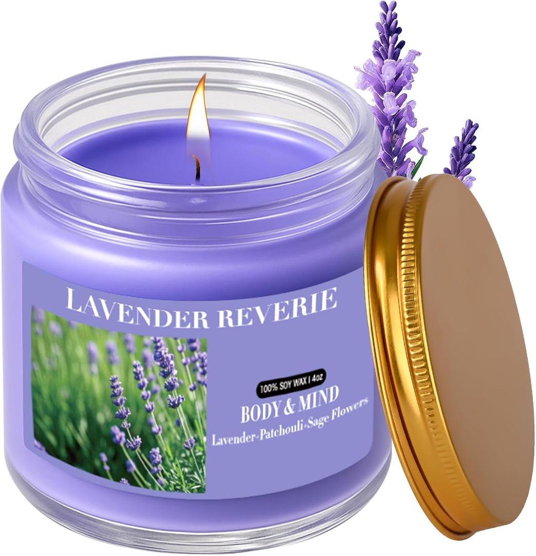 Lavender Candles for Home Scented, 4oz Natural Soy Wax Jar Candle Gift for Women Stress Relief, Bath Yoga Meditation, Relaxing, 20H Long-Lasting Burns
