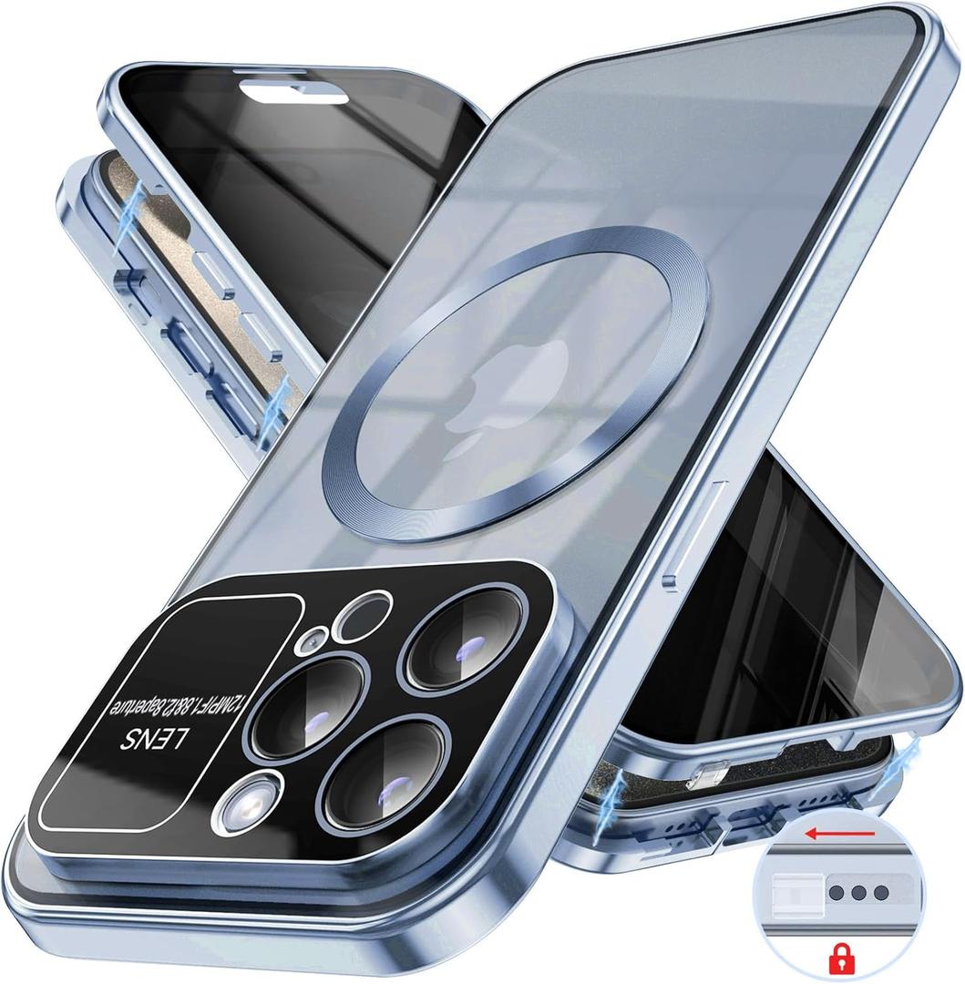 Magnetic Privacy Case for iPhone 14 Pro Max with Full Camera Lens Protector [Safety Buckle Lock] [Compatible with MagSafe] Anti Peep Privacy Screen Protector Double Sided Glass Mag-Safe Phone Case (Blue)