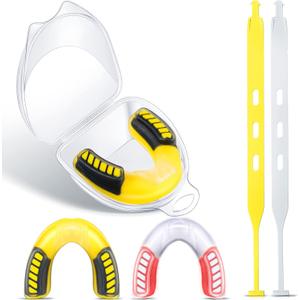 Konohan 2 Pack Youth Football Mouth Guard with Strap and Case for Kids and Adult Soft Sports Mouthpiece Double Colored Braces Mouth guard for Ice Hockey Lacrosse Basketball(Yellow, Red)