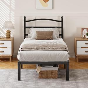 14 Inch Twin Bed Frame with Headboard, Heavy Duty Metal Platform Bed Frame Twin Size Mattress Foundation with Sturdy Steel Slats, Easy Assembly Noise Free