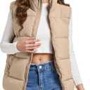 Polu Puffer Vest Women Zip Up Stand Collar Sleeveless Puffer Vests Oversized Padded Gilet Jacket (Medium, Khaki)
